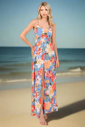 Flower Print Open Back Split Front Maxi Dress