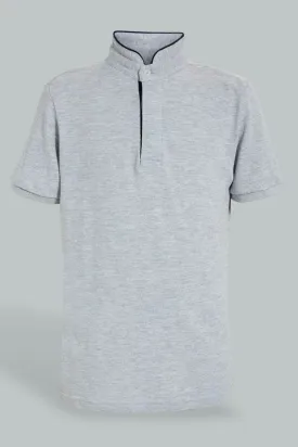 Grey Mandarin Collar Polo