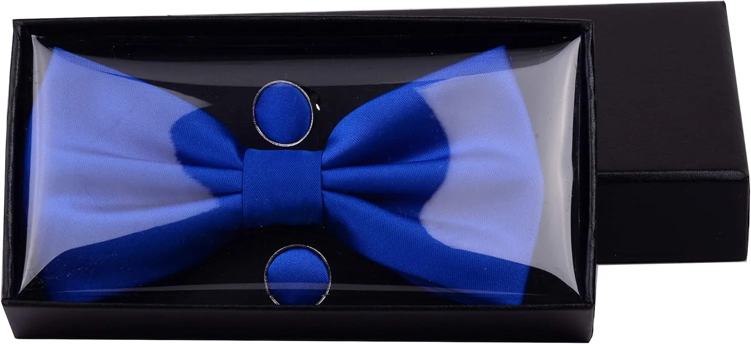 GUSLESON Mens Solid Color Double Fold Pre-tied Bow Tie and Pocket Square Cufflink Set with Gift Box