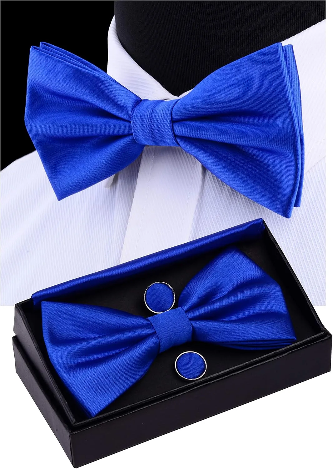 GUSLESON Mens Solid Color Double Fold Pre-tied Bow Tie and Pocket Square Cufflink Set with Gift Box