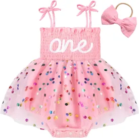 HONGTEYA Baby Girl 1st Birthday Outfit Girl First Birthday Clothes One Year Old Gifts Lace Romper Tulle Summer Newborn Dress