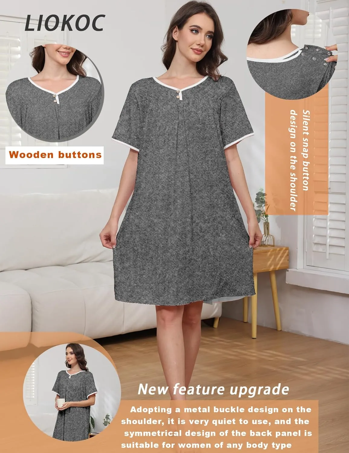 Hospital Gowns for Women Open Back Tear Away Snap Post Shoulder Surgery Short Sleeve Soft Cotton Adaptive Clothing