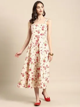 Indian Shoulder Strap Flared Floral Printed Midi Dress