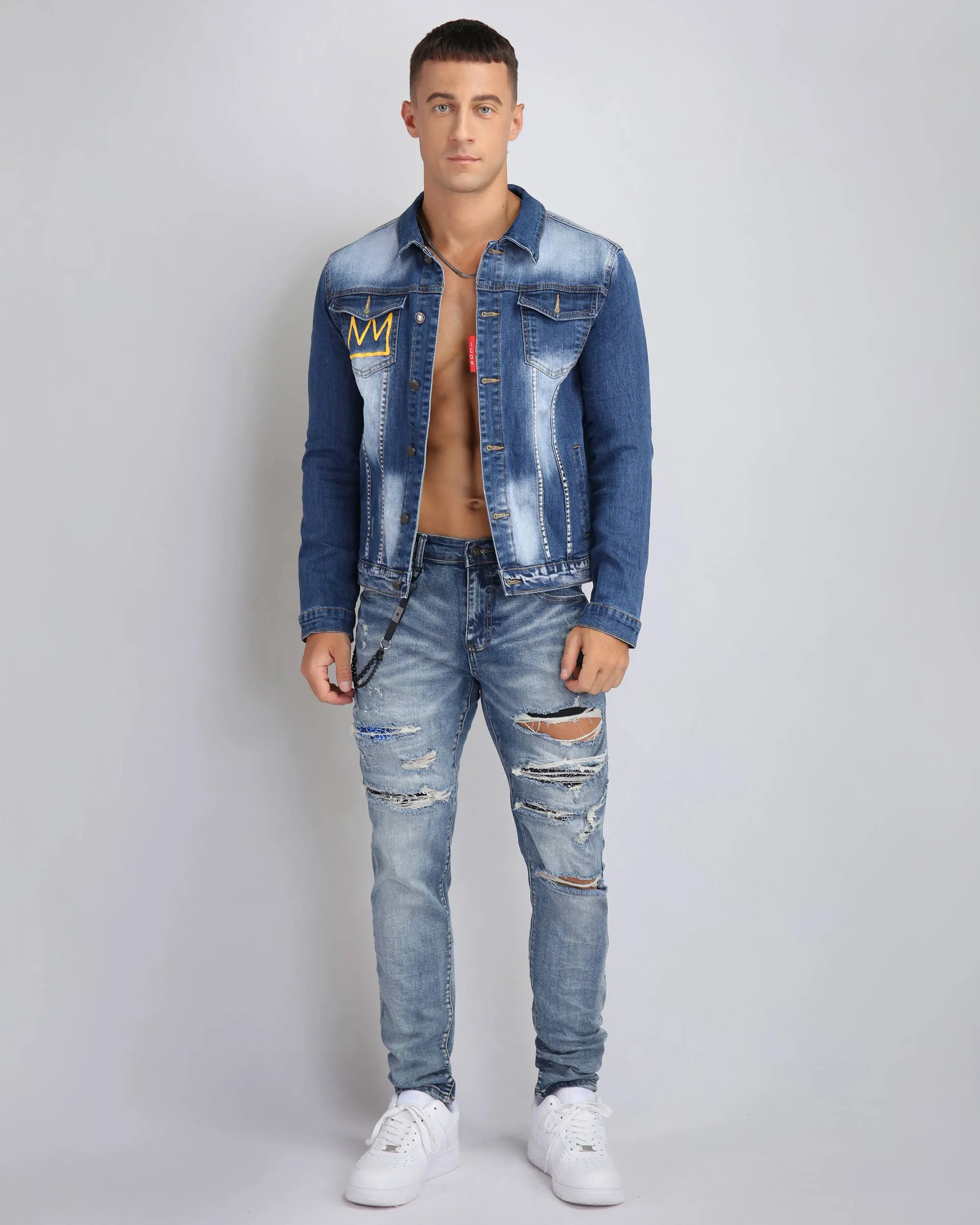 Irregular Wash Blue Denim Jacket with Crown Embroidery