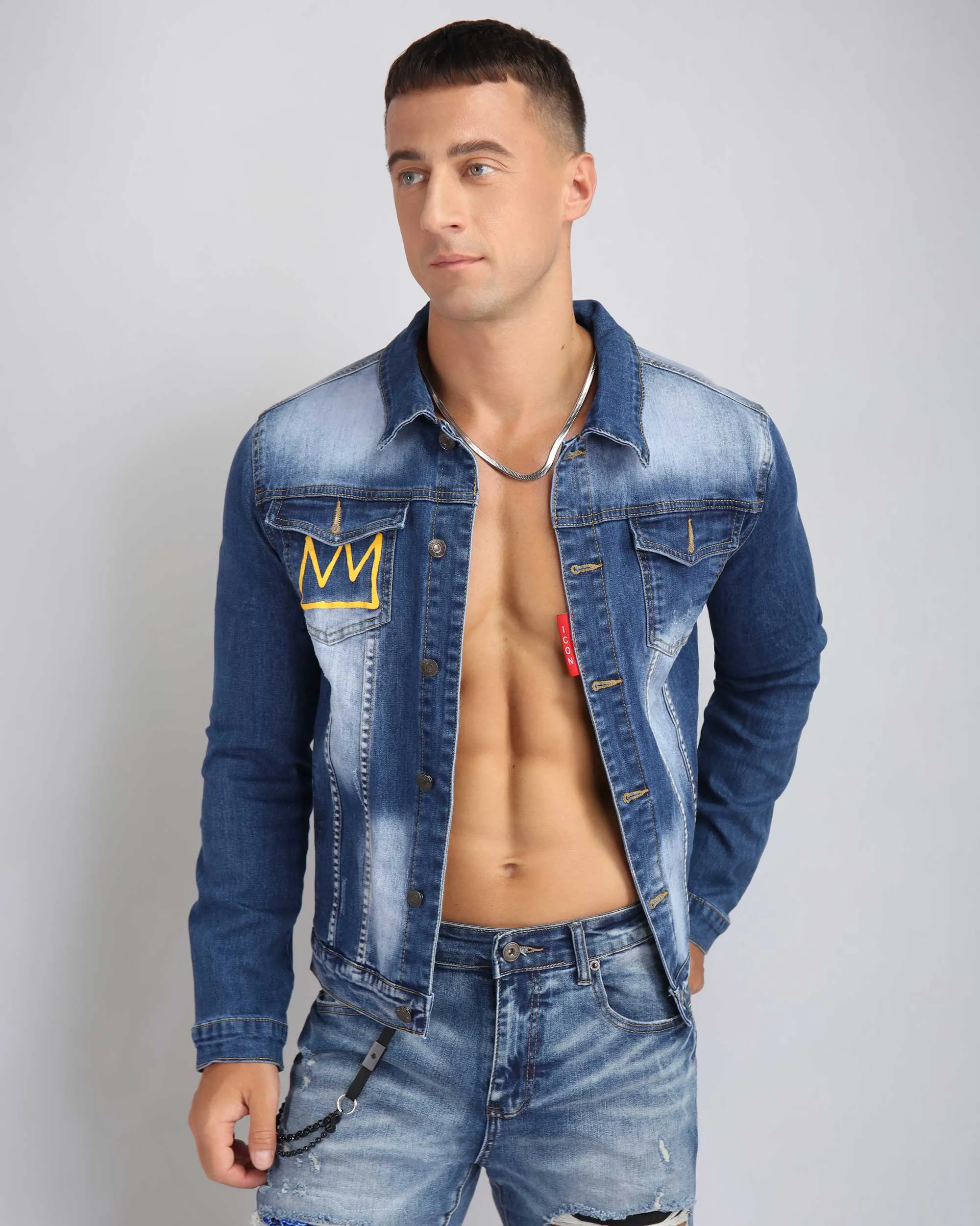 Irregular Wash Blue Denim Jacket with Crown Embroidery