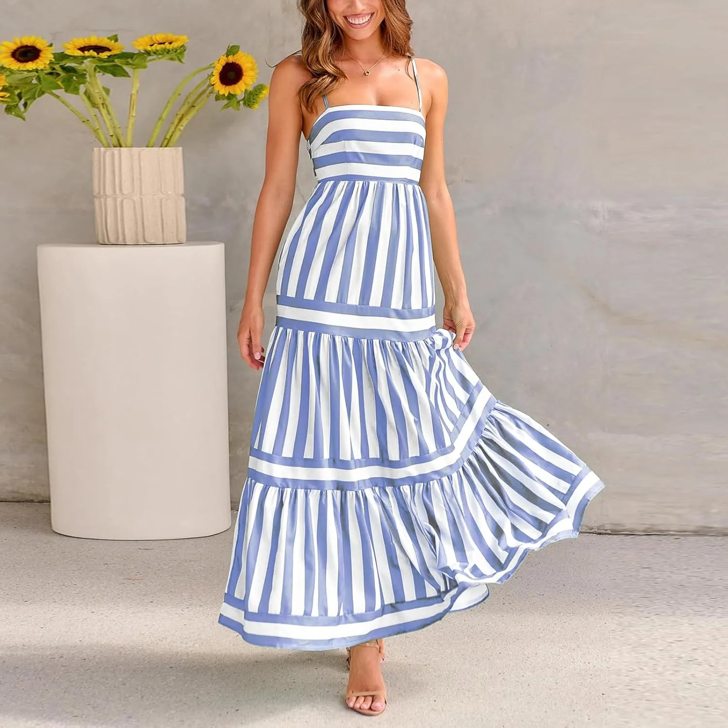 KMBANGI Women Striped Sleeveless Maxi Dress Swing Aline Midi Dress Backless Smocked Spaghetti Strap Boho Flowy Sundress