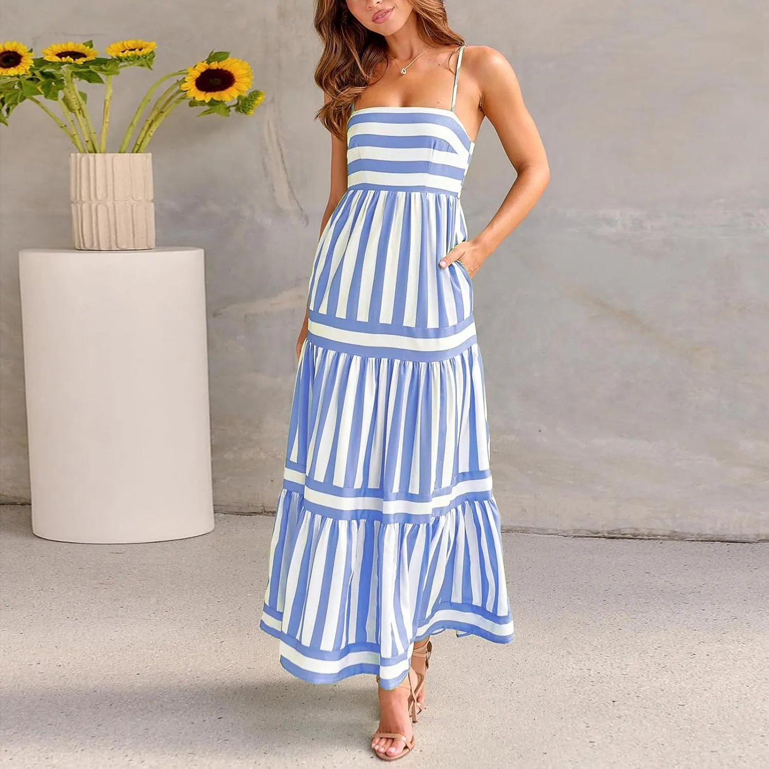 KMBANGI Women Striped Sleeveless Maxi Dress Swing Aline Midi Dress Backless Smocked Spaghetti Strap Boho Flowy Sundress