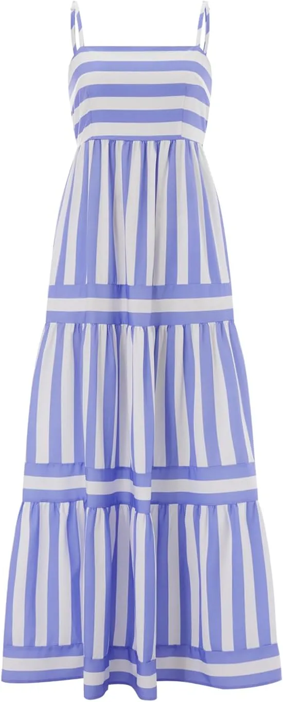 KMBANGI Women Striped Sleeveless Maxi Dress Swing Aline Midi Dress Backless Smocked Spaghetti Strap Boho Flowy Sundress