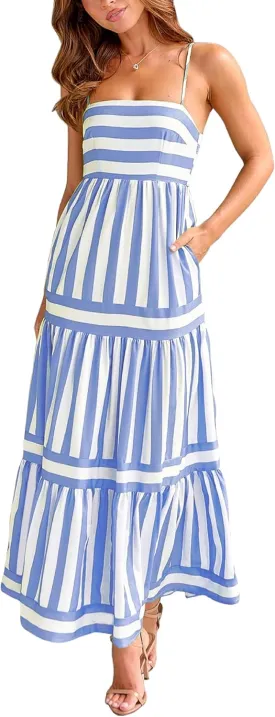 KMBANGI Women Striped Sleeveless Maxi Dress Swing Aline Midi Dress Backless Smocked Spaghetti Strap Boho Flowy Sundress