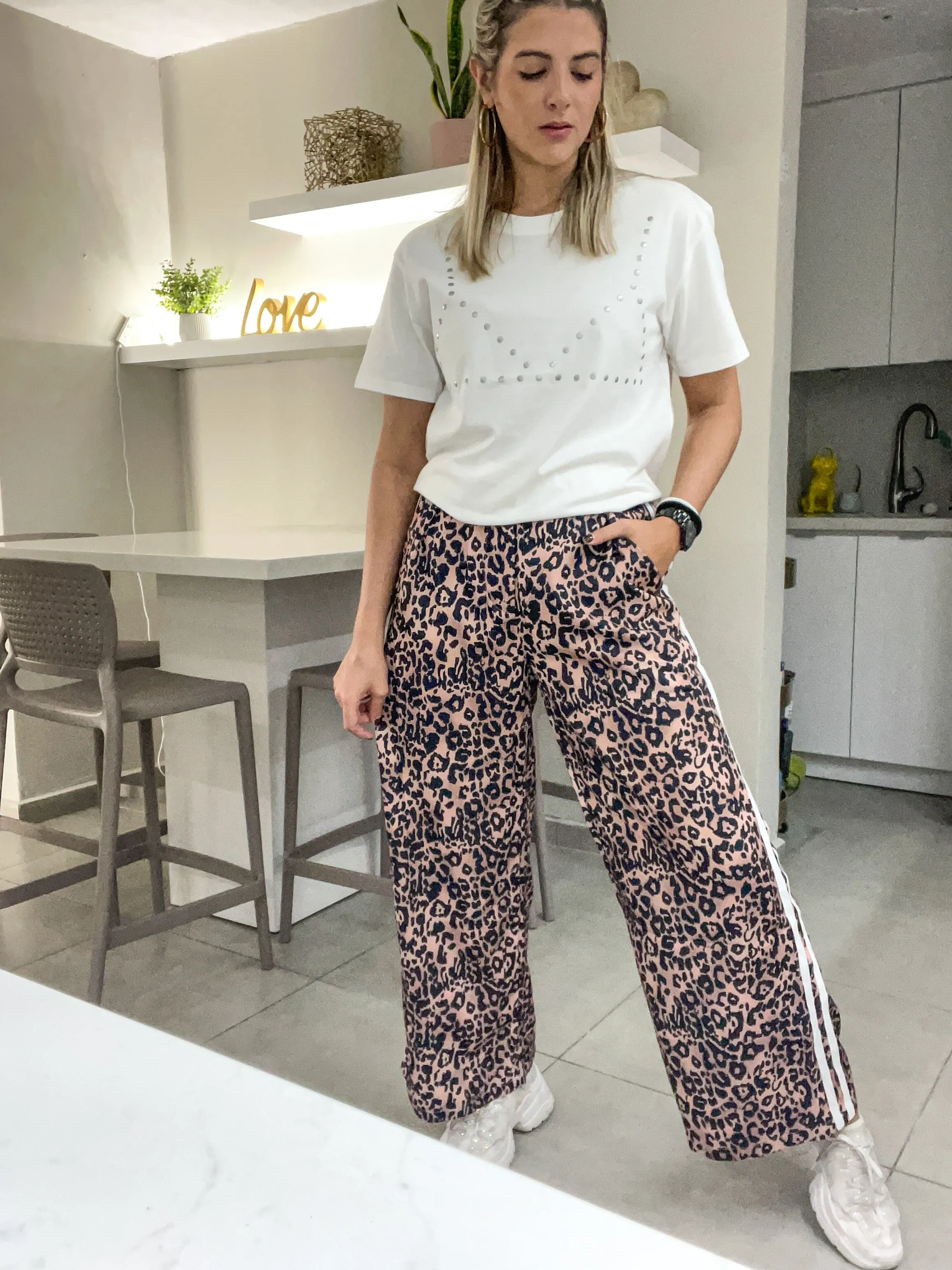 LEOPARD SIDE TRACK LINES WIDE LEGGED PANTS