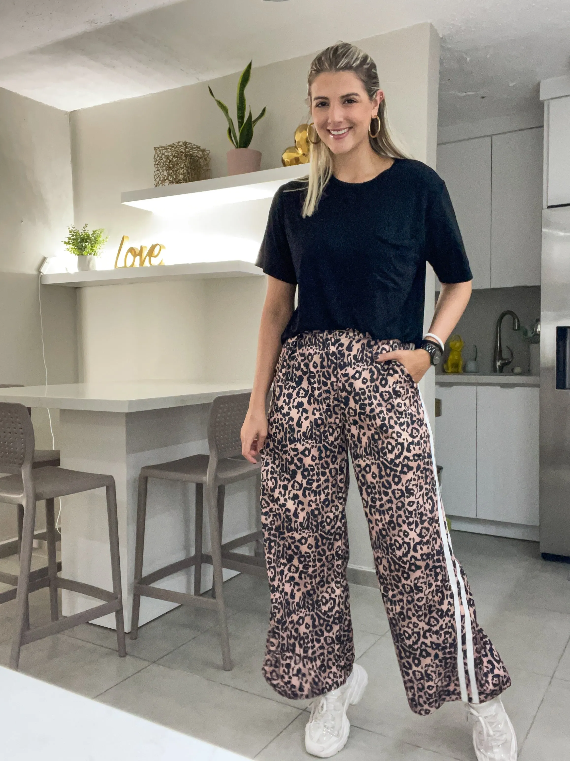 LEOPARD SIDE TRACK LINES WIDE LEGGED PANTS