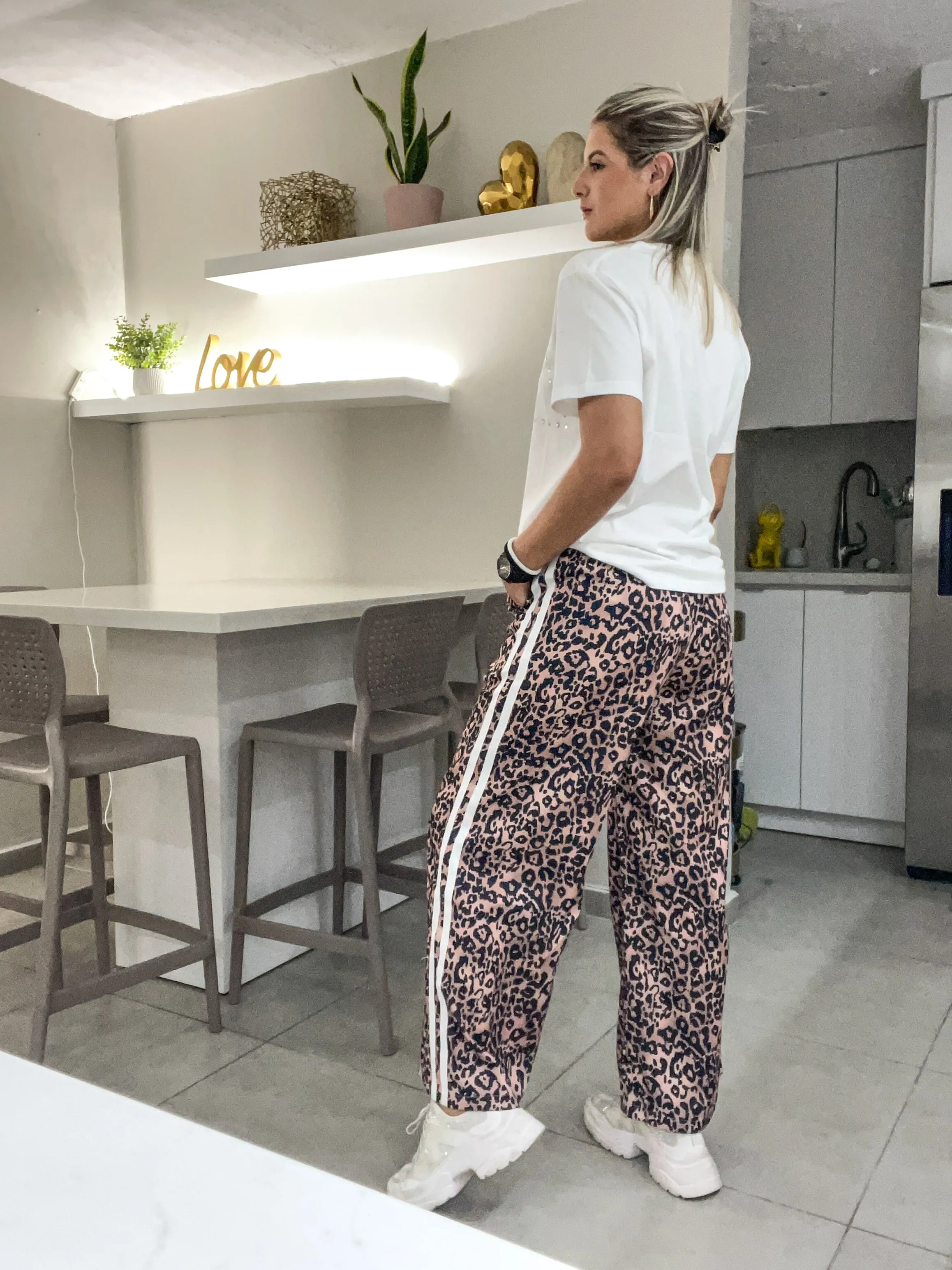 LEOPARD SIDE TRACK LINES WIDE LEGGED PANTS