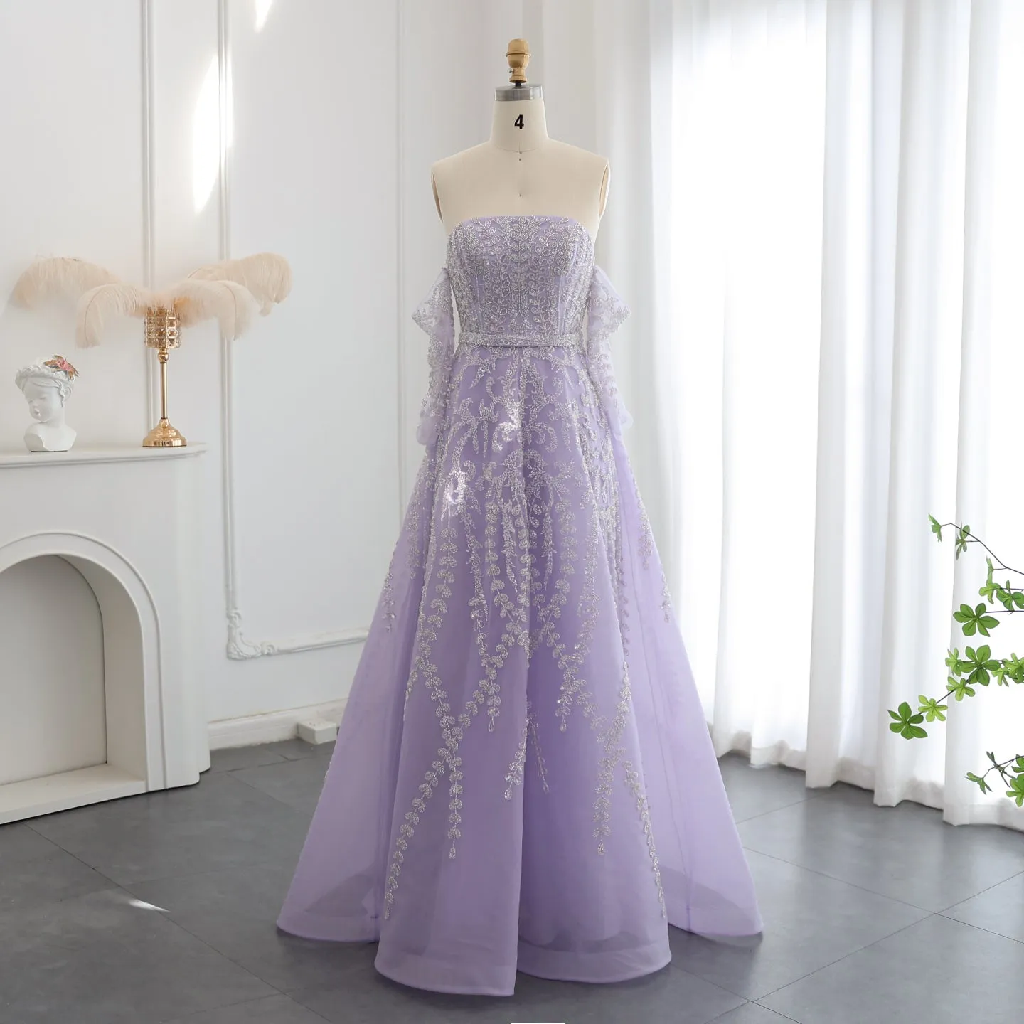 Luxury Beaded Lilac Strapless Evening Dress with Sleeves SS462