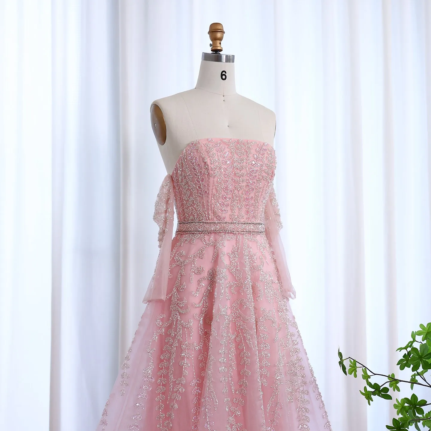 Luxury Beaded Lilac Strapless Evening Dress with Sleeves SS462