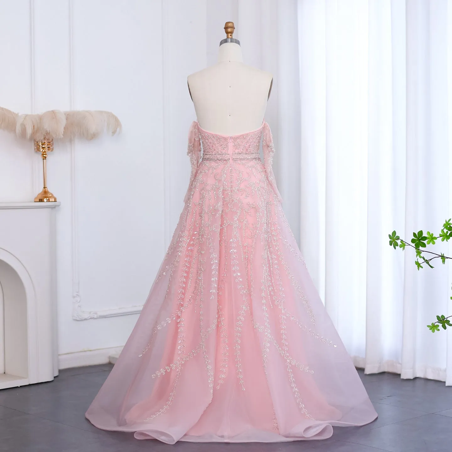 Luxury Beaded Lilac Strapless Evening Dress with Sleeves SS462