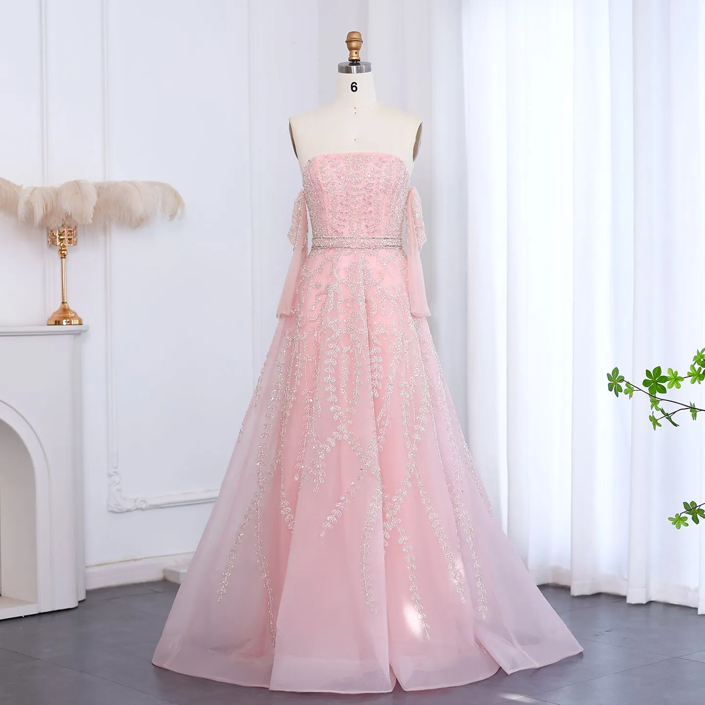 Luxury Beaded Lilac Strapless Evening Dress with Sleeves SS462