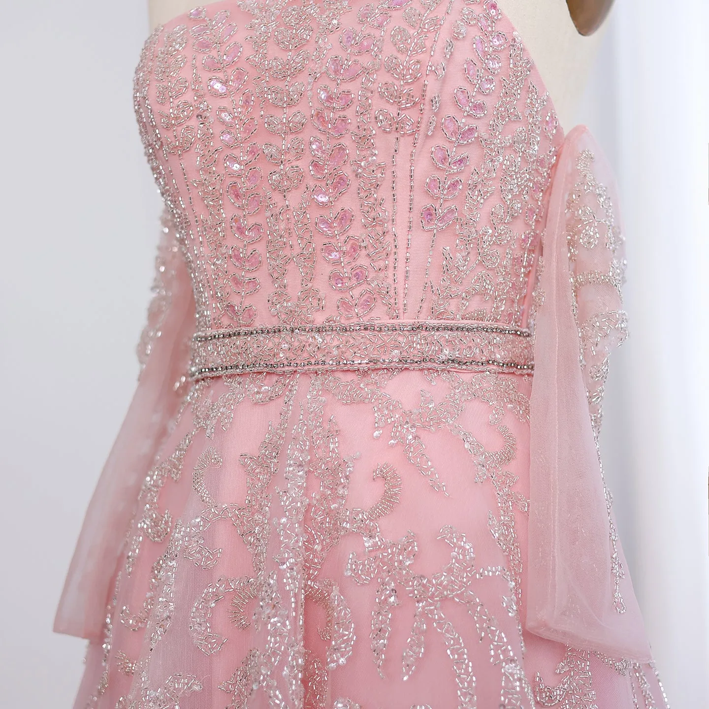 Luxury Beaded Lilac Strapless Evening Dress with Sleeves SS462