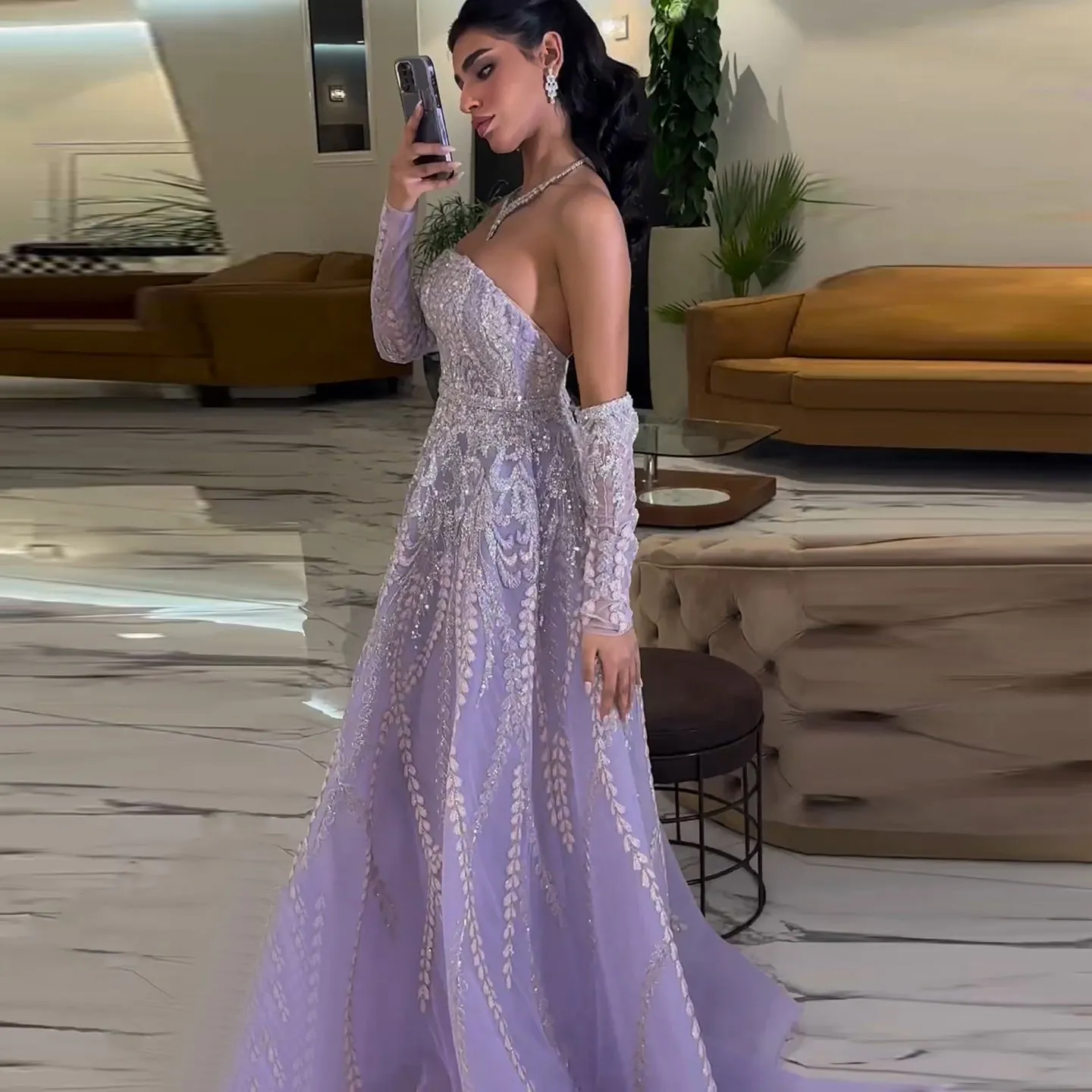 Luxury Beaded Lilac Strapless Evening Dress with Sleeves SS462