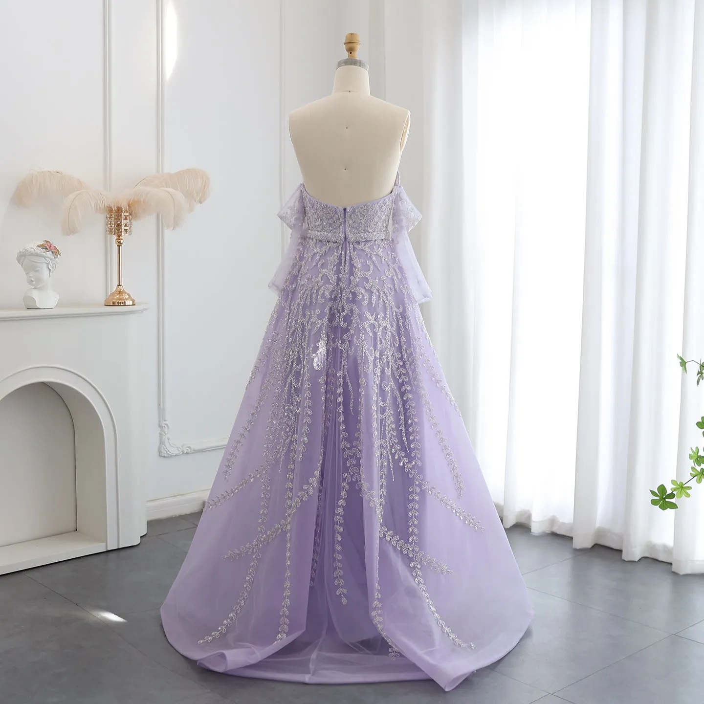 Luxury Beaded Lilac Strapless Evening Dress with Sleeves SS462