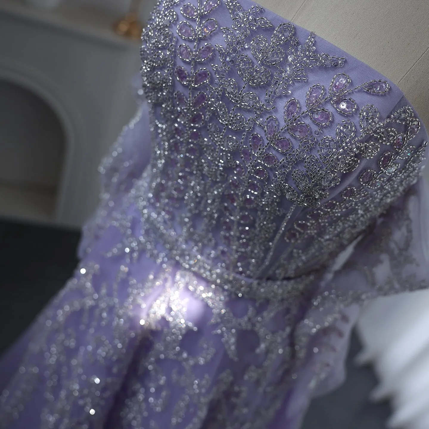 Luxury Beaded Lilac Strapless Evening Dress with Sleeves SS462