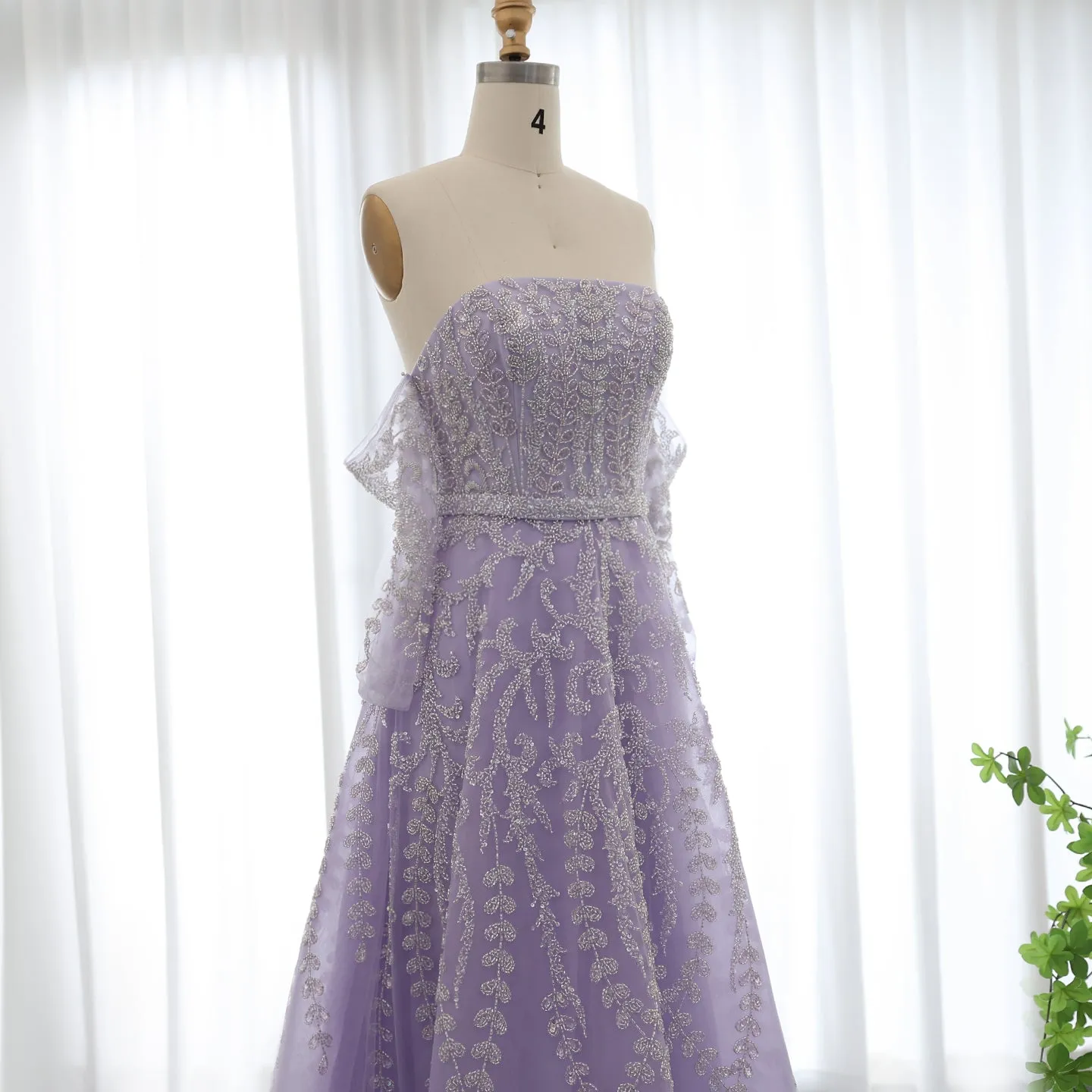 Luxury Beaded Lilac Strapless Evening Dress with Sleeves SS462