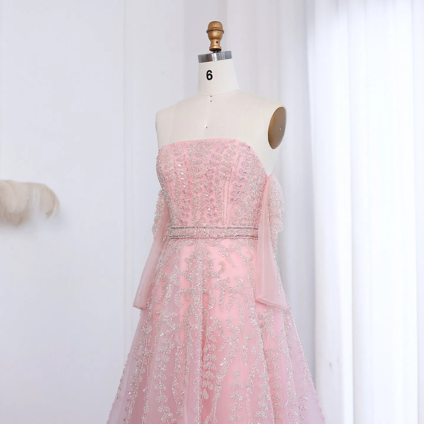 Luxury Beaded Lilac Strapless Evening Dress with Sleeves SS462