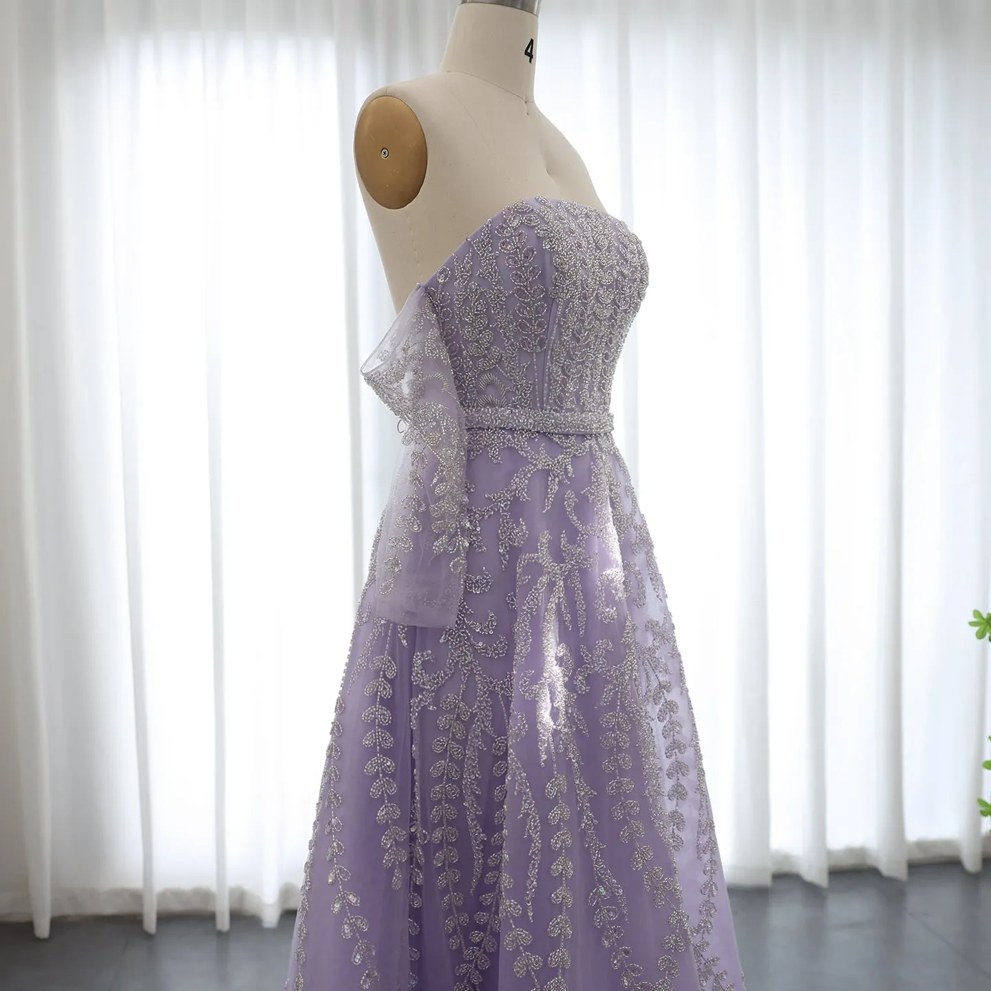 Luxury Beaded Lilac Strapless Evening Dress with Sleeves SS462