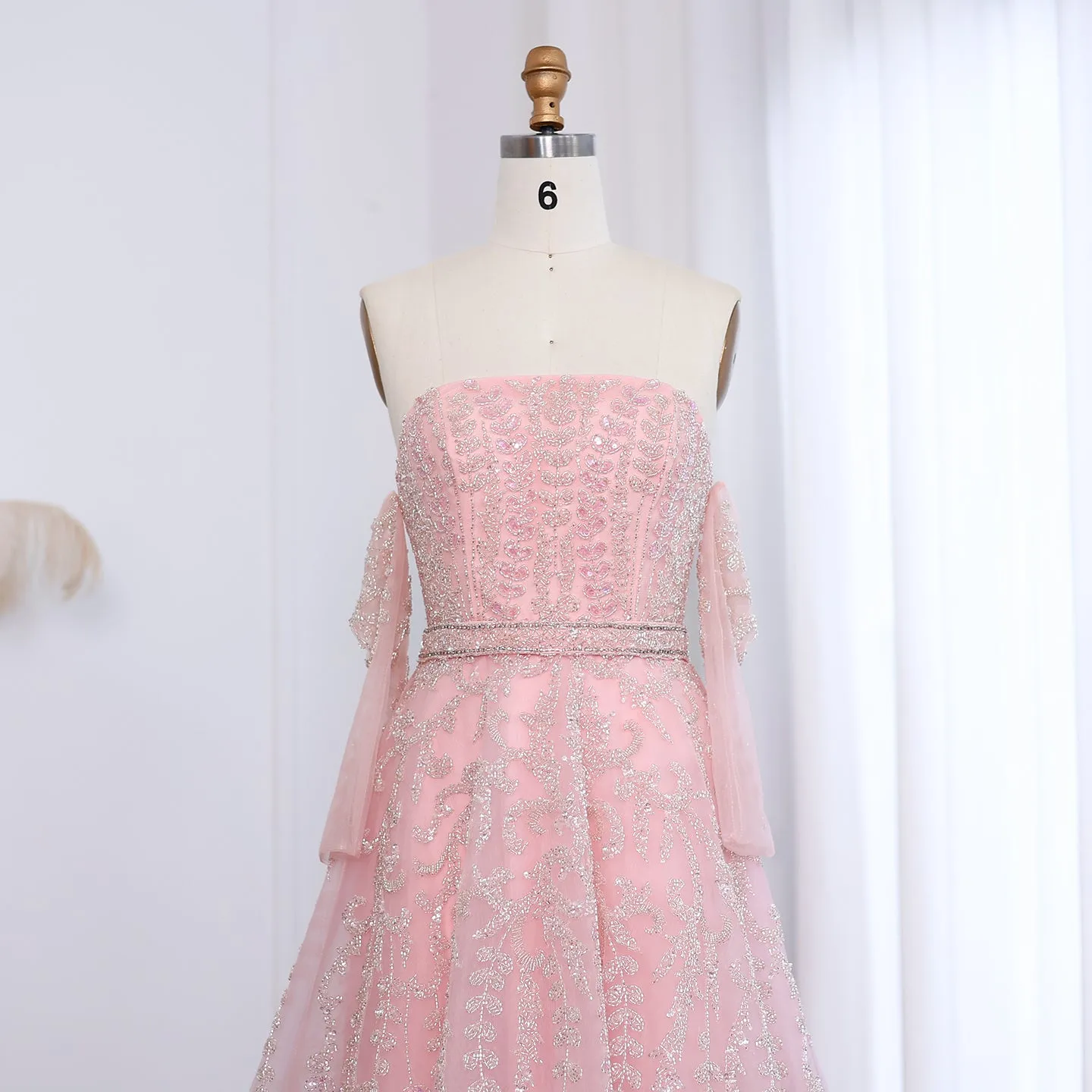 Luxury Beaded Lilac Strapless Evening Dress with Sleeves SS462