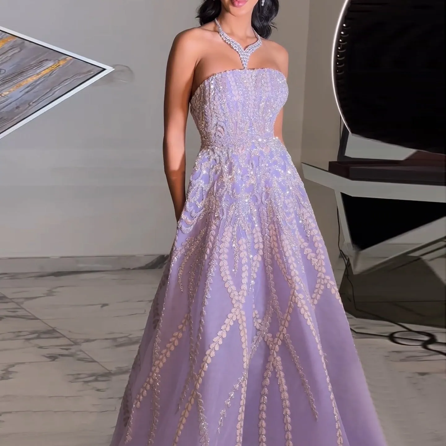 Luxury Beaded Lilac Strapless Evening Dress with Sleeves SS462