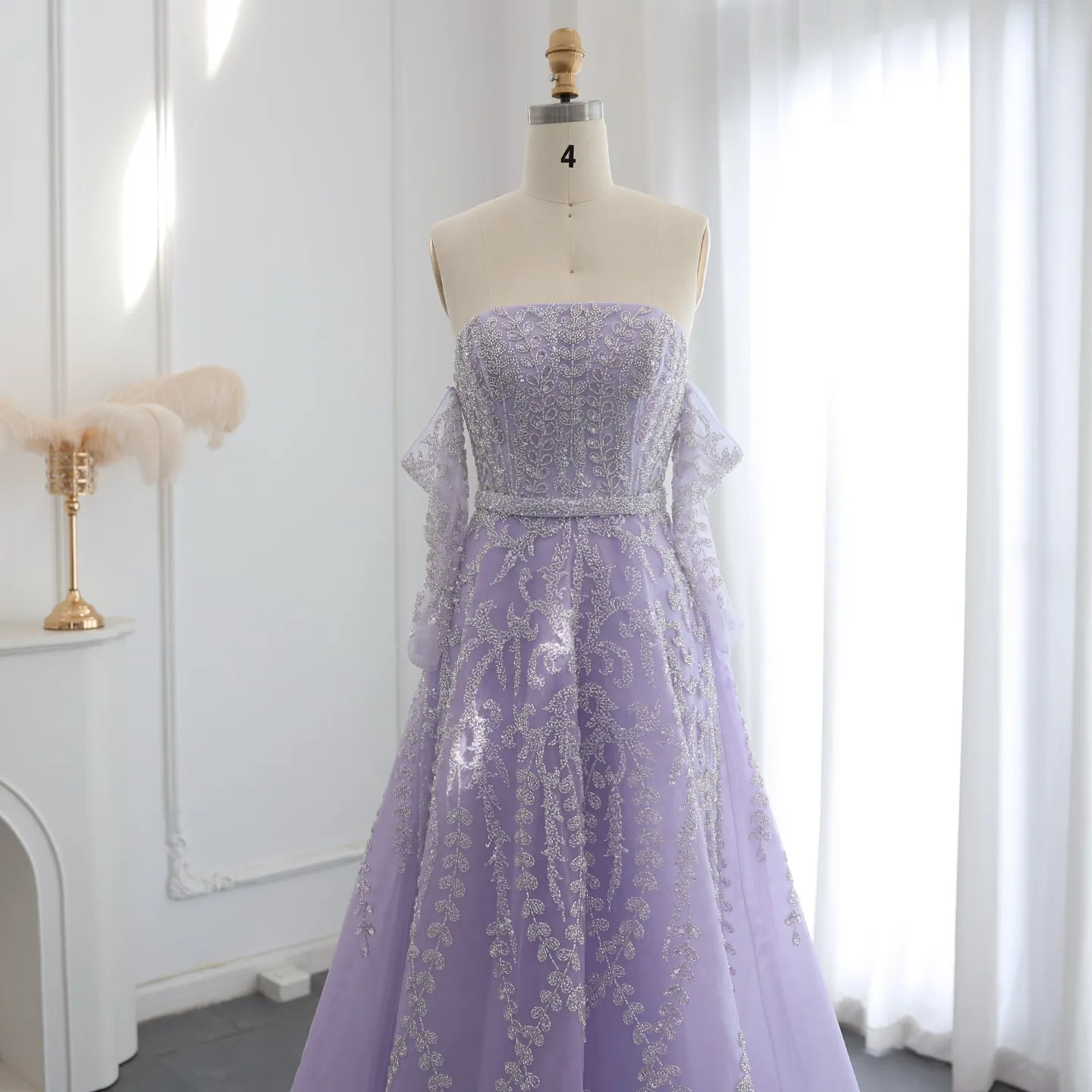 Luxury Beaded Lilac Strapless Evening Dress with Sleeves SS462
