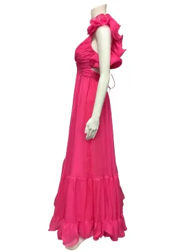 MacDuggle V Neck Maxi Chiffon Dress Size: M, 6