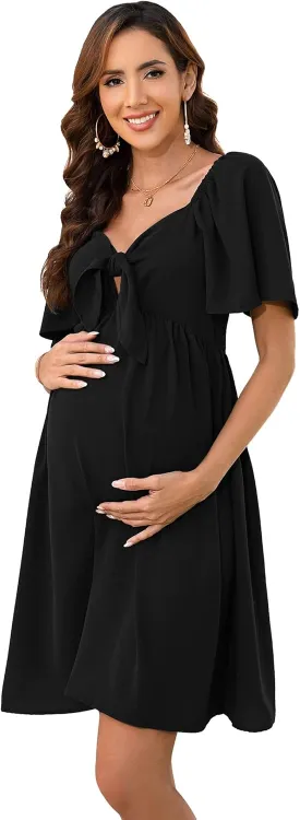Maternity Dresses for Baby Shower Women's Knotted V Neck Knee Length Wrap Baby Shower Dress