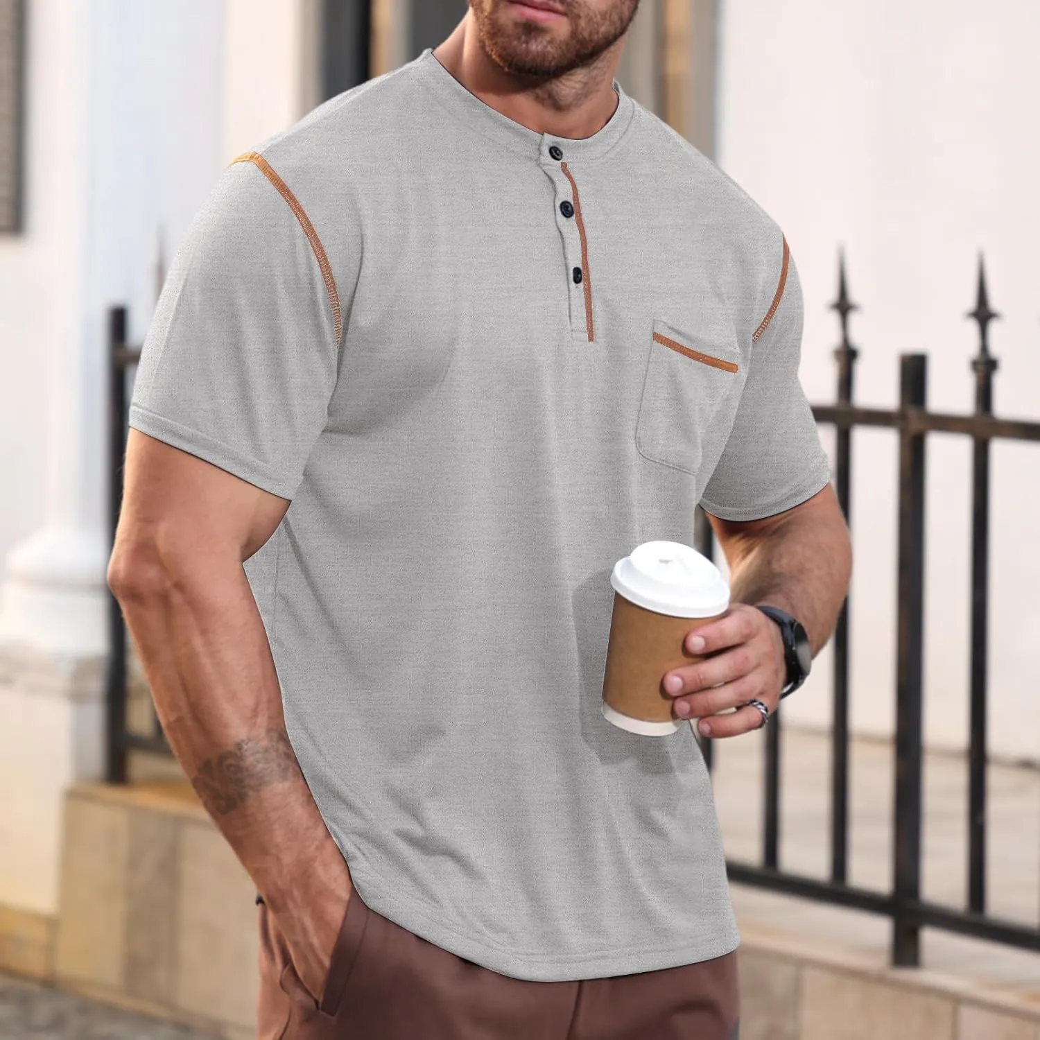 Men's Henley Shirt Short Sleeve T-Shirt Casual Top Pullover Summer Lightweight Tee Shirts with Button
