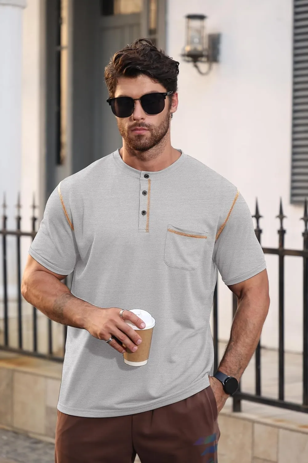Men's Henley Shirt Short Sleeve T-Shirt Casual Top Pullover Summer Lightweight Tee Shirts with Button