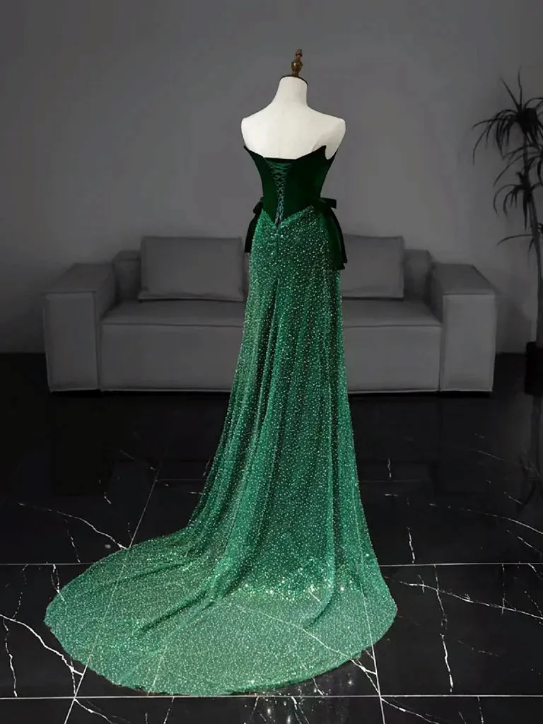 Mermaid Tulle Velvet Green Long Prom Dress Strapless Evening Dress