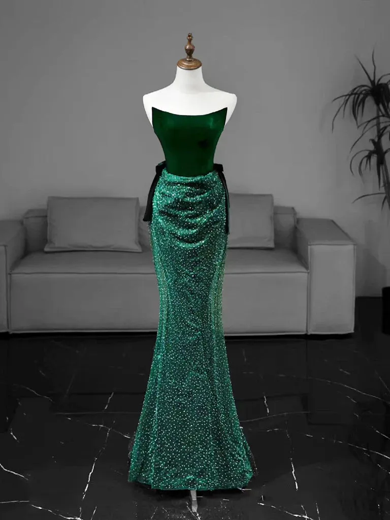 Mermaid Tulle Velvet Green Long Prom Dress Strapless Evening Dress