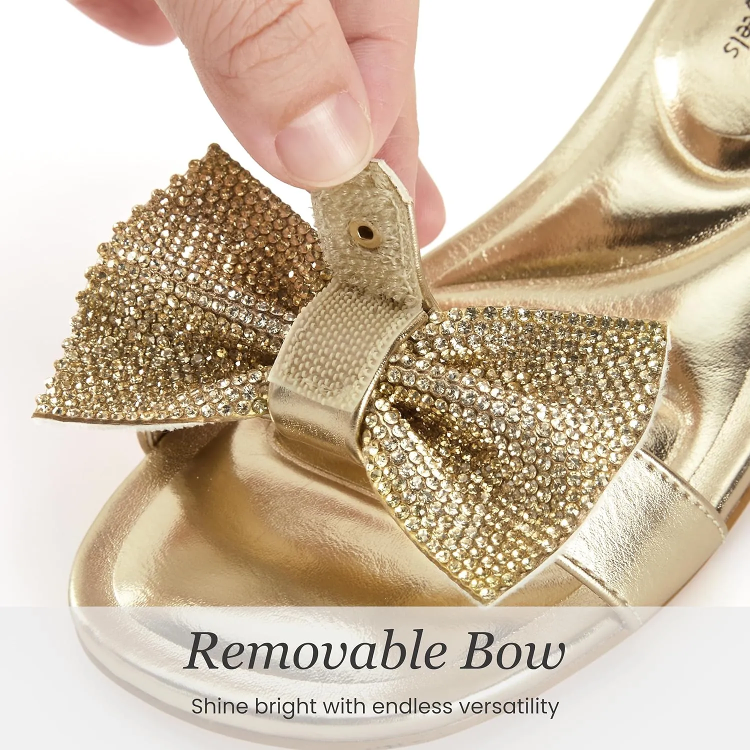 PATPAT Girls Low Heel Sandals with Removable Bow ?C Open Toe Dress Shoes for Flower Girl Wedding Party, Ankle Strap Princess Shoes for Little Big Kids, Sizes 11-6