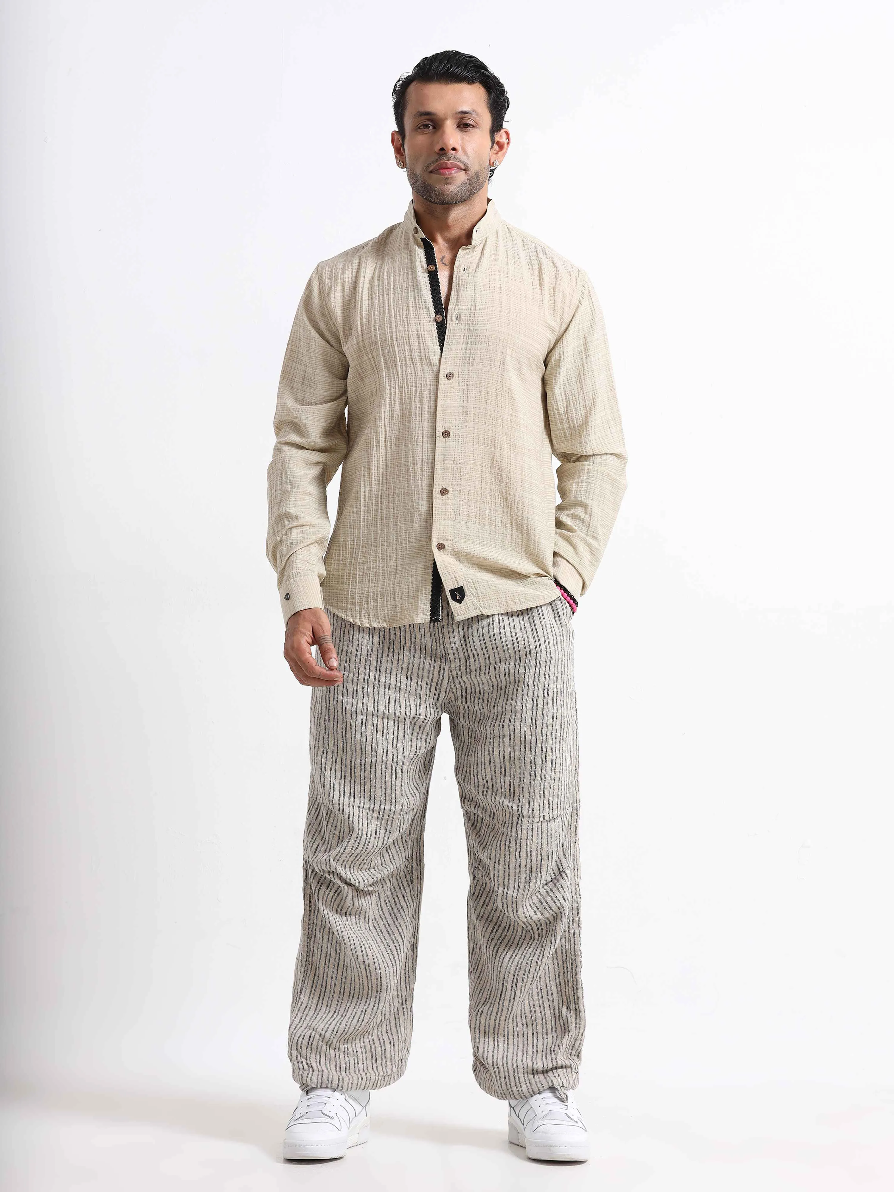 Premium Crushed Mandarin Shirt In Cream