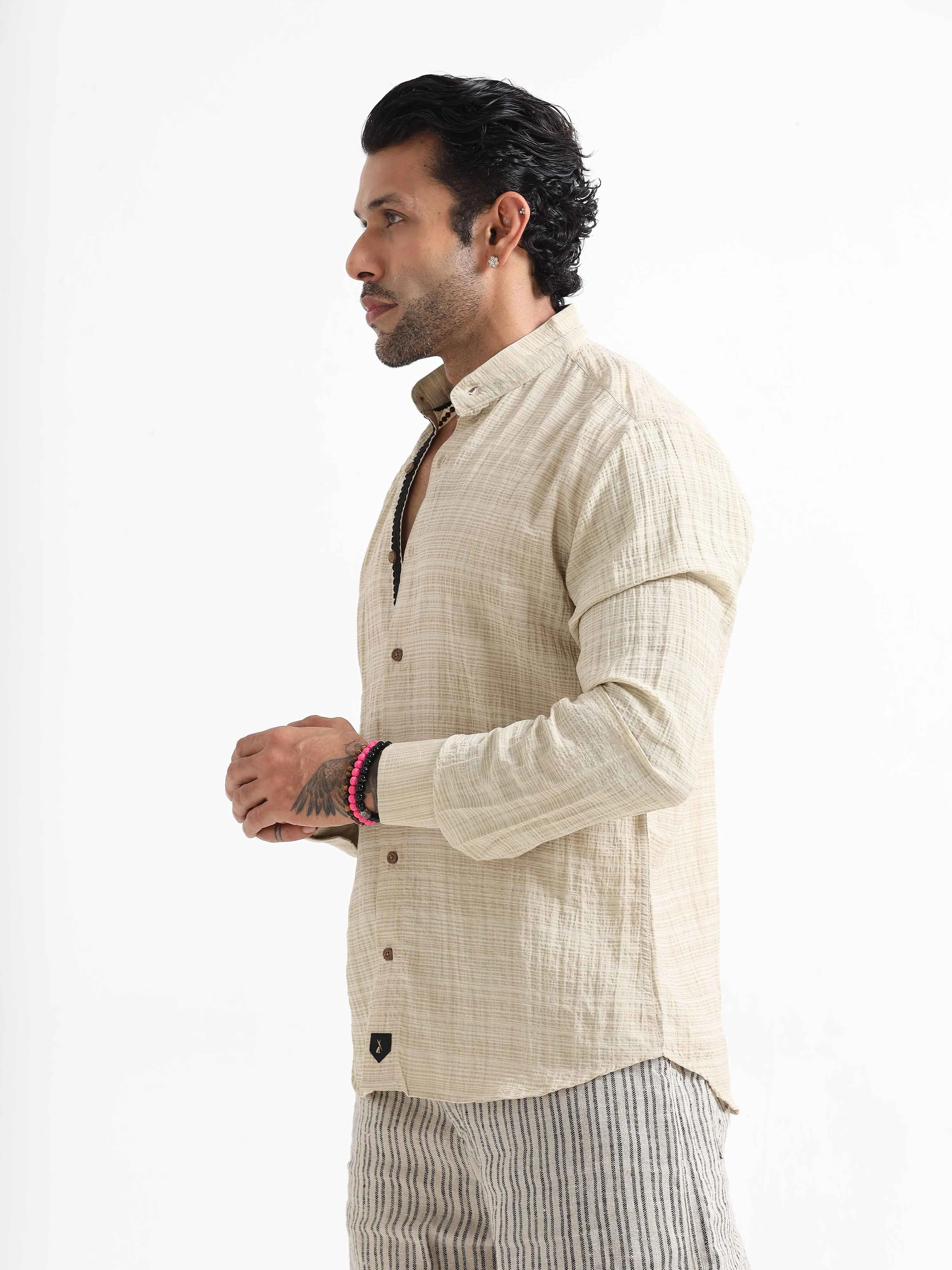 Premium Crushed Mandarin Shirt In Cream