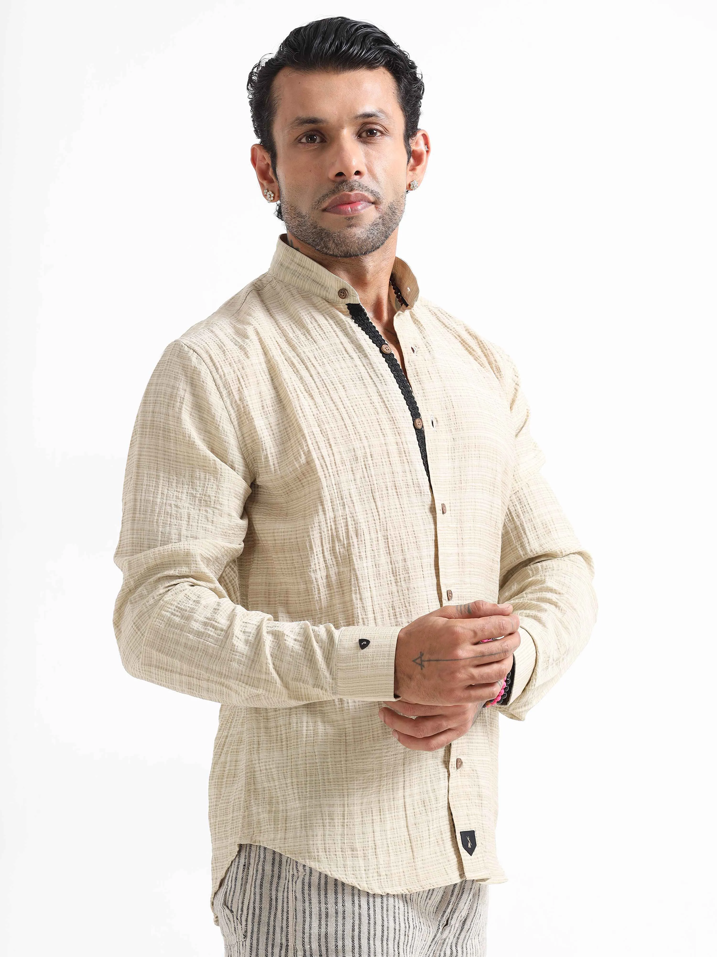 Premium Crushed Mandarin Shirt In Cream