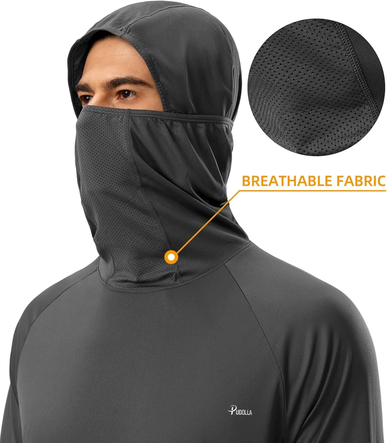 Pudolla Men's Sun Protection Hoodie UPF 50  Fishing Hiking Shirt UV Shirts with Mask for Men Long Sleeve Lightweight