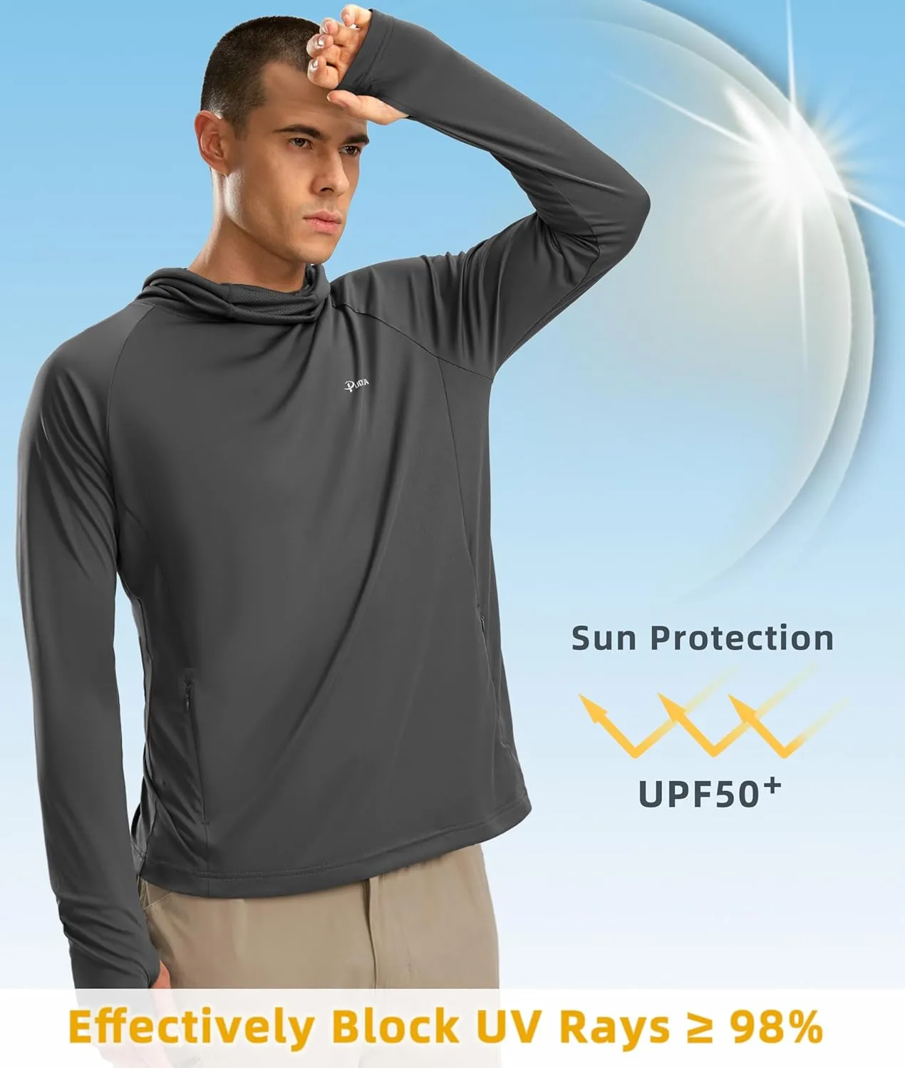 Pudolla Men's Sun Protection Hoodie UPF 50  Fishing Hiking Shirt UV Shirts with Mask for Men Long Sleeve Lightweight