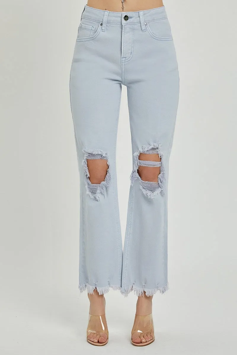 Risen High Rise Knee Distressed Straight Pants - Ice Blue