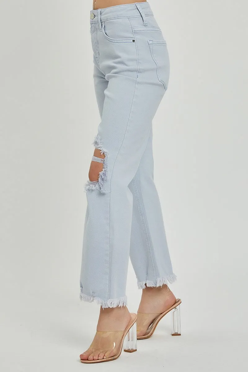 Risen High Rise Knee Distressed Straight Pants - Ice Blue