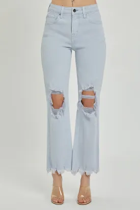 Risen High Rise Knee Distressed Straight Pants - Ice Blue