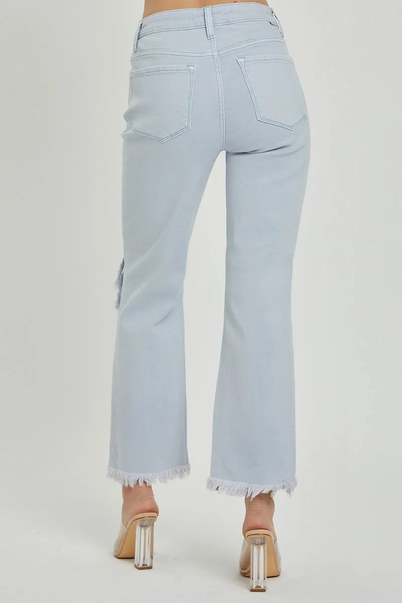 Risen High Rise Knee Distressed Straight Pants - Ice Blue