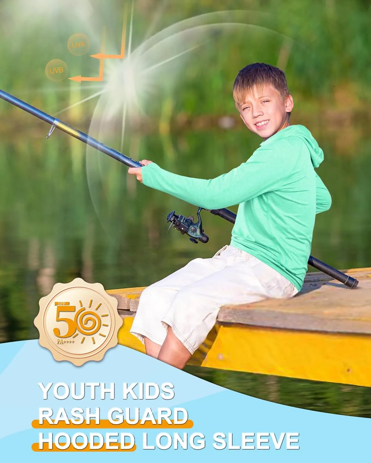 Roadbox Boys Rash Guard Hooded Shirt, Kids UPF 50  Long Sleeve Hoodie, Youth UV Sun Protection Fishing Beach Shirts