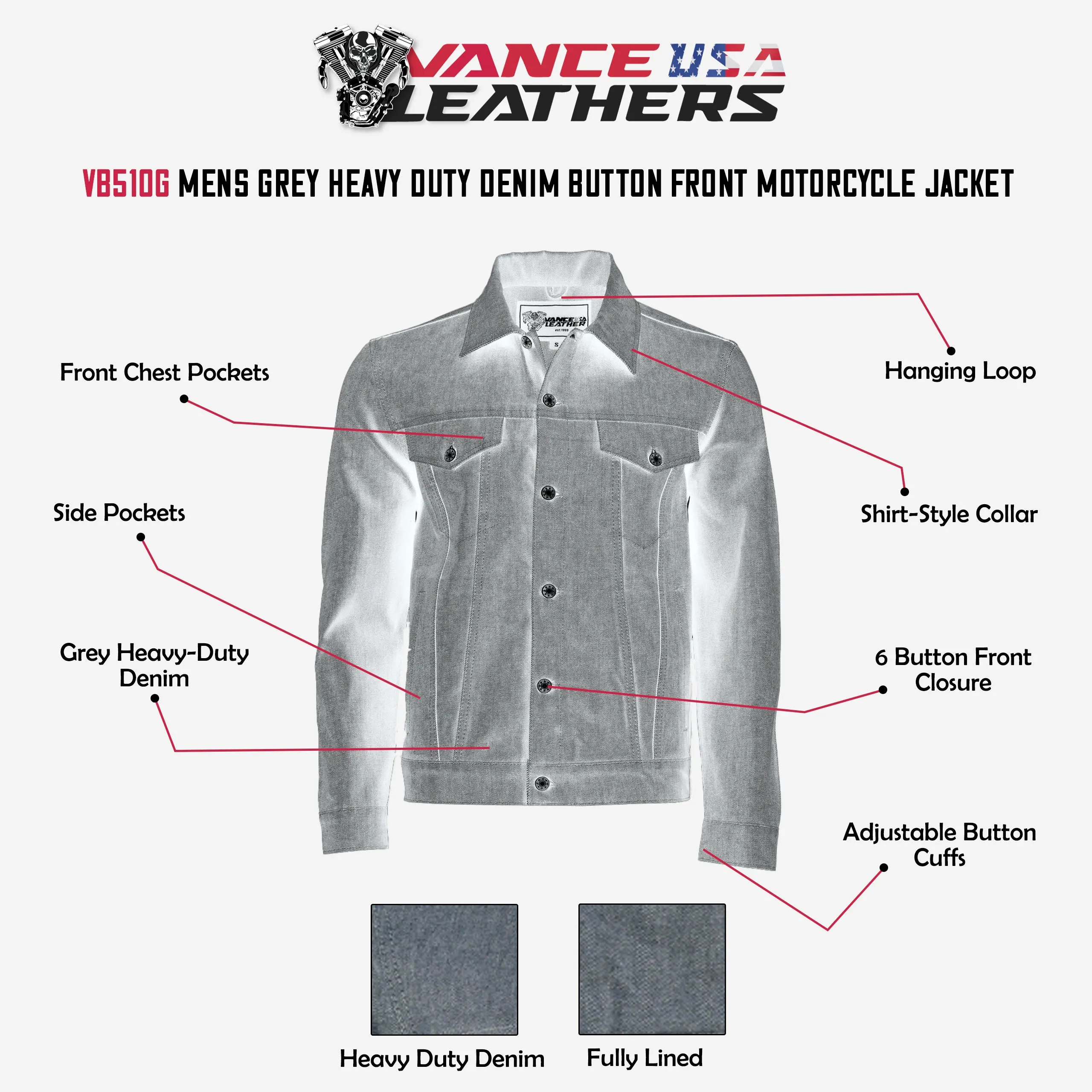 Vance Mens Grey Heavy Duty Denim Button Front Motorcycle Jacket, Jean Jacket for Men