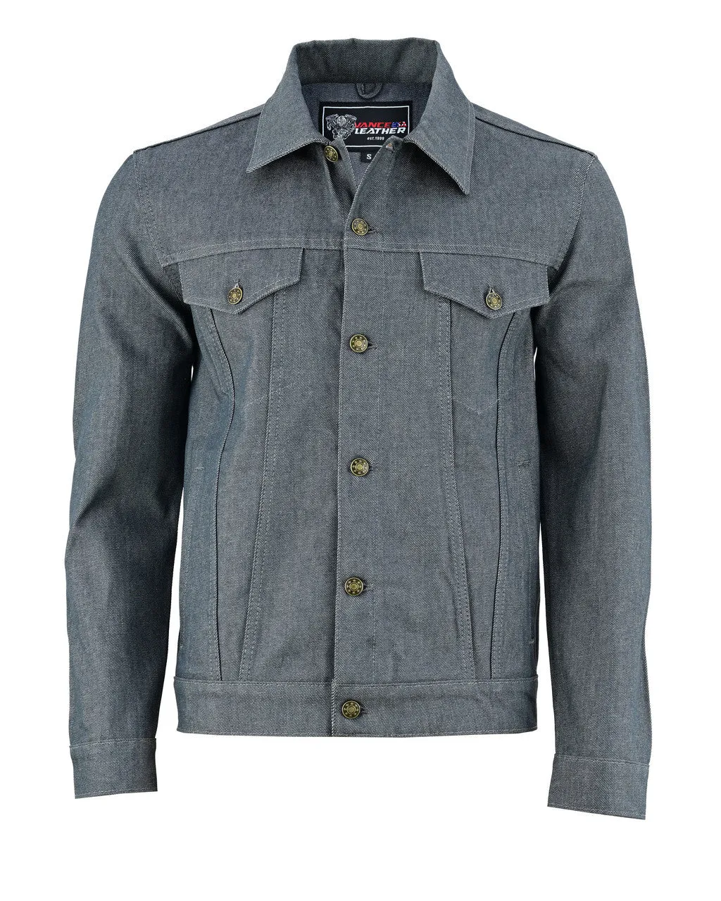 Vance Mens Grey Heavy Duty Denim Button Front Motorcycle Jacket, Jean Jacket for Men