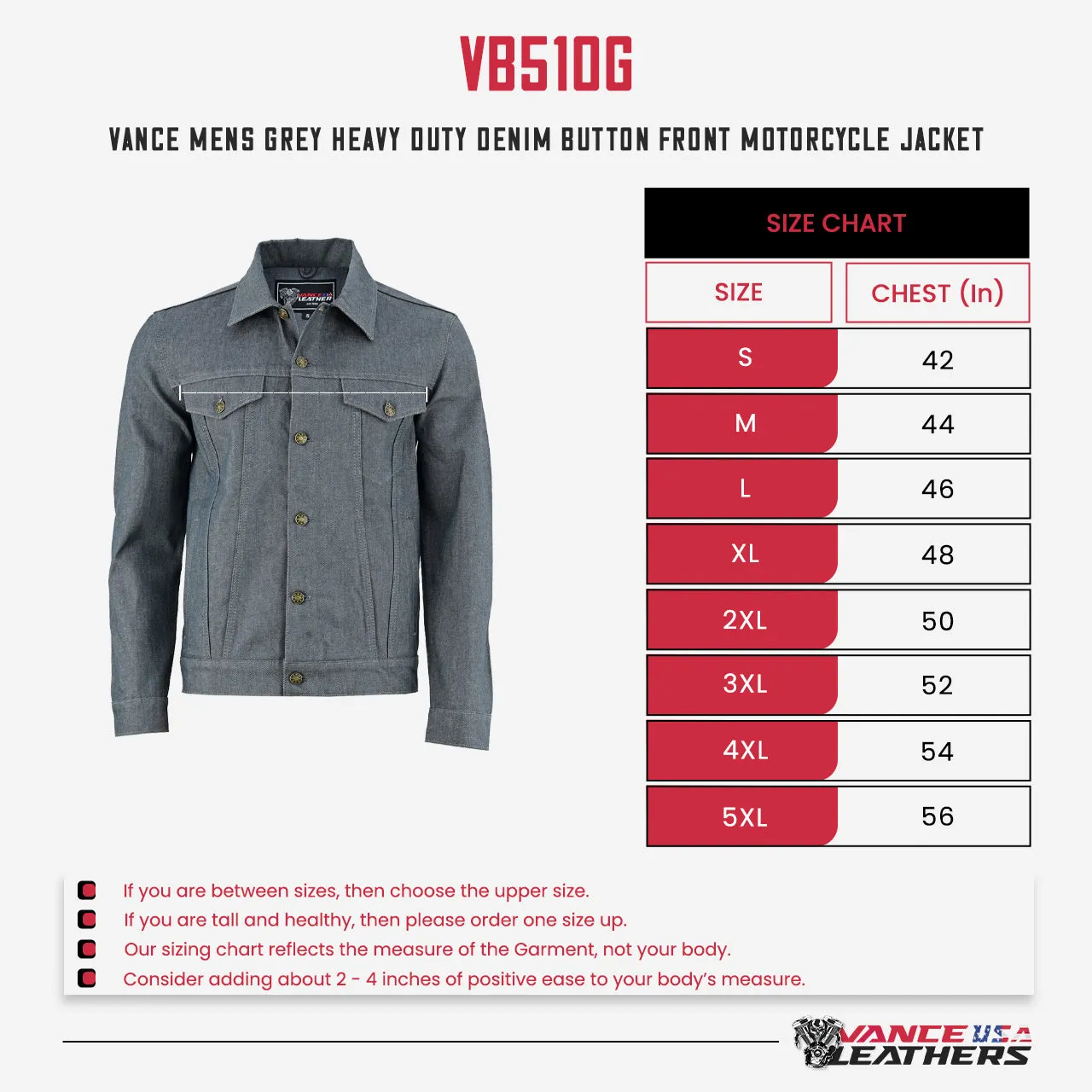 Vance Mens Grey Heavy Duty Denim Button Front Motorcycle Jacket, Jean Jacket for Men